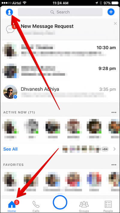 Tap on Home Then Profile Icon in Messenger App on iPhone