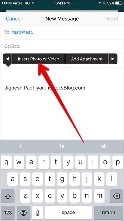 Tap on Insert Photo or Video in Mail App on iPhone