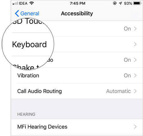 Tap on Keyboard in Accessibility on iPhone