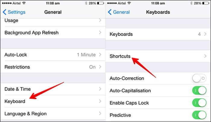 Tap on Keyboards then Shortcuts in iOS 8 on iPhone