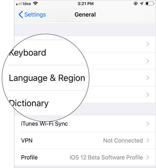 Tap on Language & Region in iOS Settings