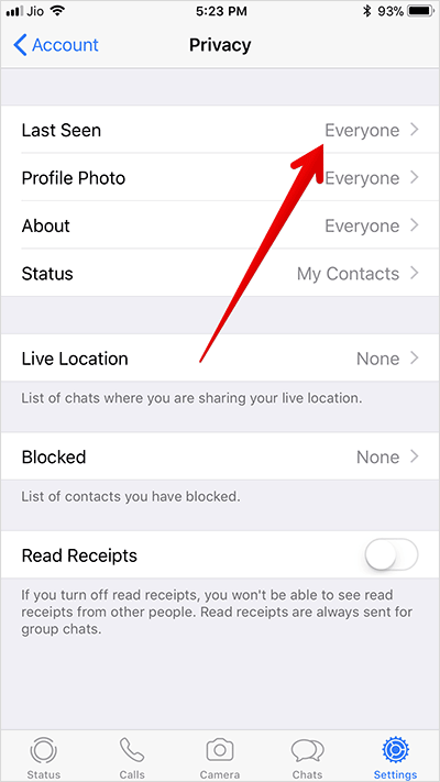 Tap on Last Seen in WhatsApp on iPhone