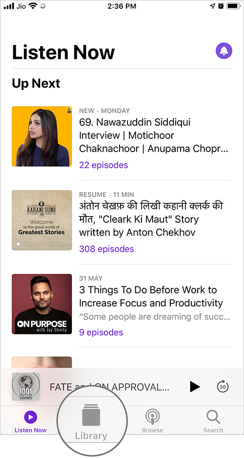 Tap on Library in iPhone Podcasts App