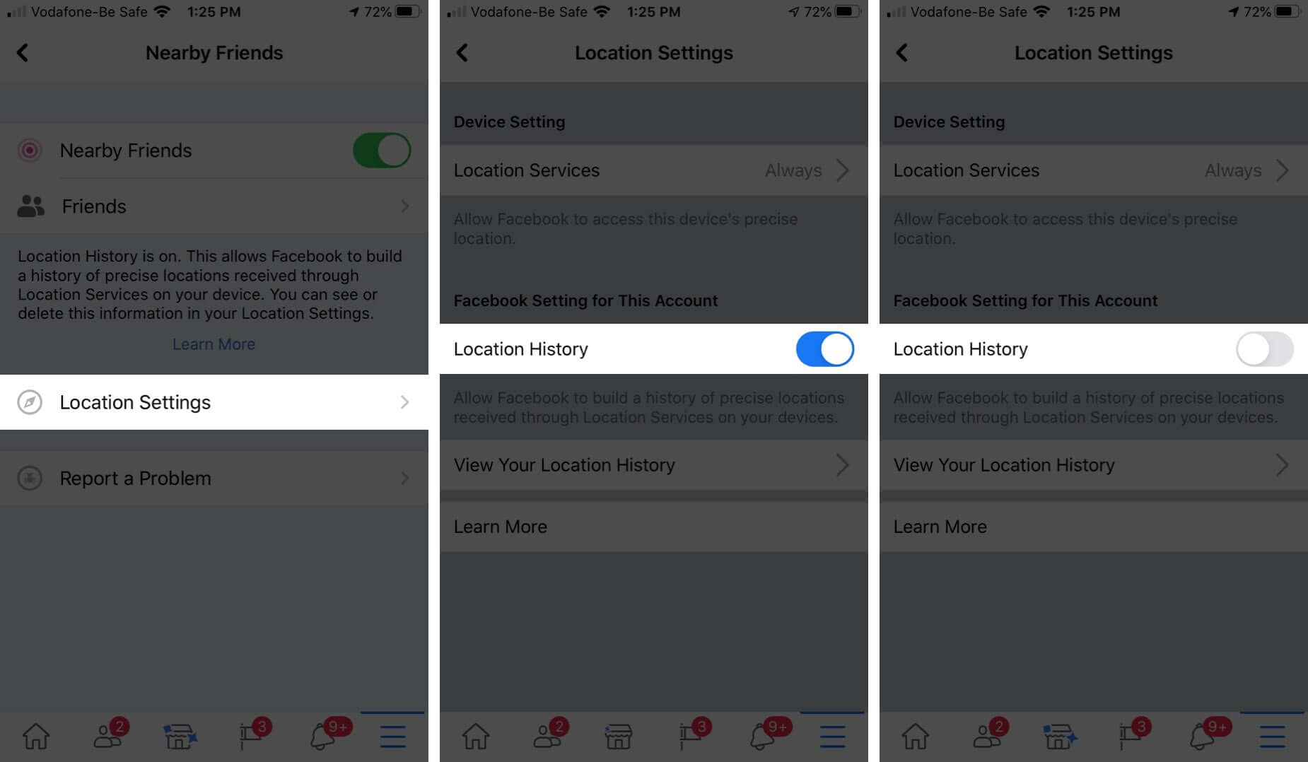 Tap on Location Settings and Disable Location History to Stop Facebook from Saving Location History