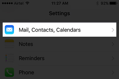 Tap on Mail, Contacts, Calendars in iPhone Settings