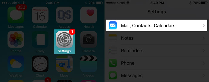 Tap on Mail, Contacts and Calendars Settings on iPhone
