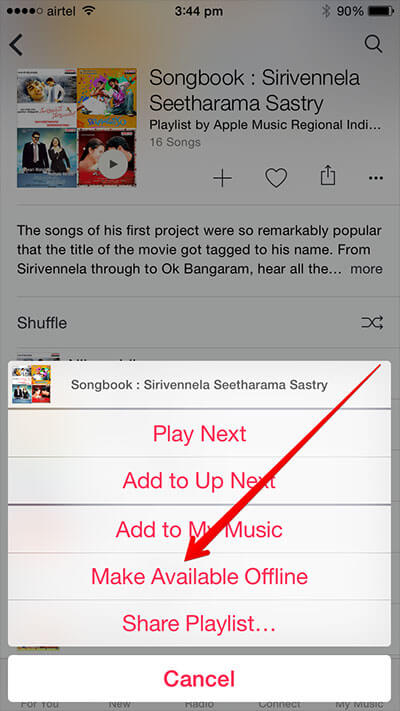 Tap on Make Available Offline in Apple Music in iPhone