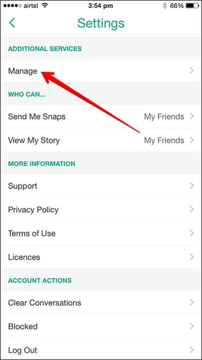 Tap on Manage in Snapchat Profile