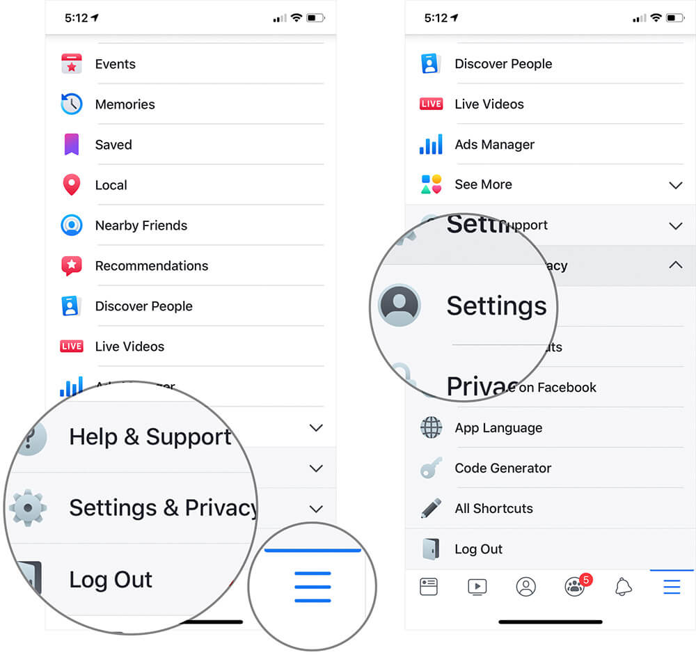 Tap on Menu Button then Settings in Facebook on iPhone or iPad