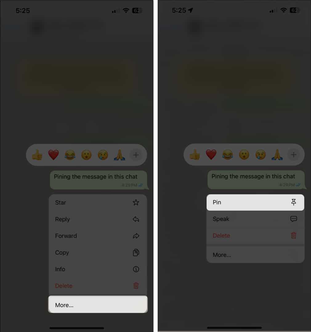Tap on More and Hit Pin messages on whatsapp