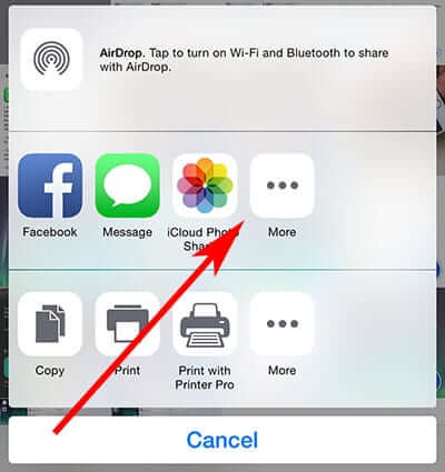 Tap on More in iOS 8 Sharing Sheet