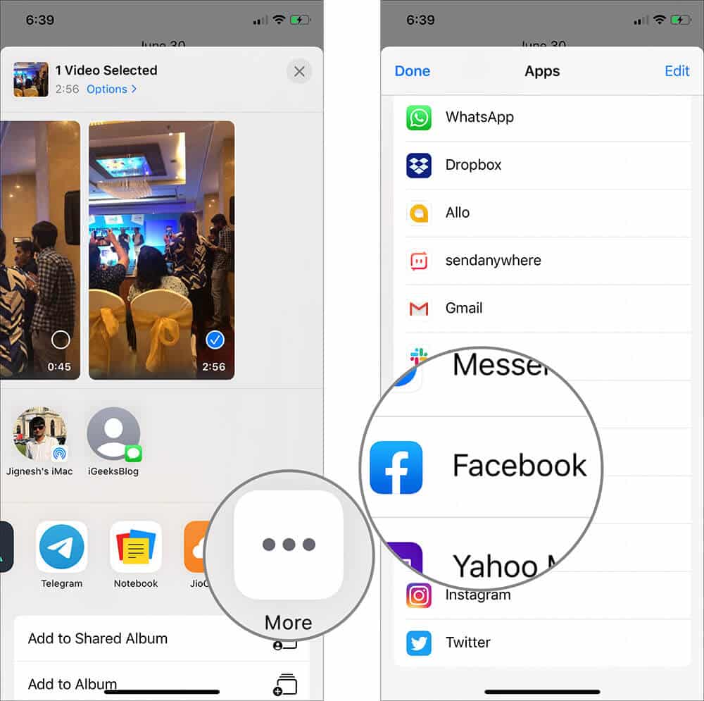 Tap on More then Select Facebook from iDevice Share Sheet