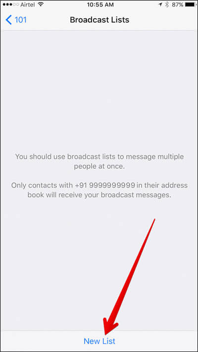Tap on New List in WhatsApp on iPhone
