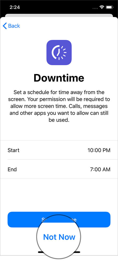 Tap on Not Now in iOS 13 Screen Time Settings