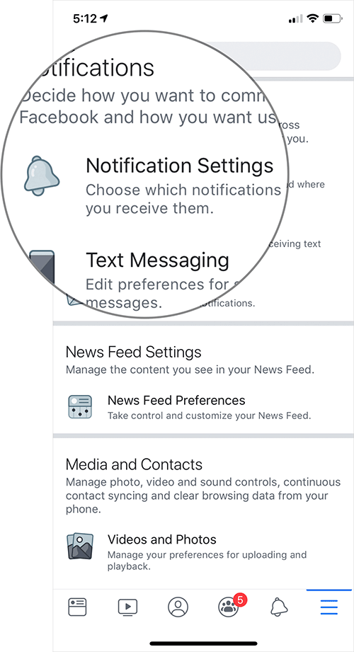 Tap on Notification Settings in Facebook on iPhone or iPad