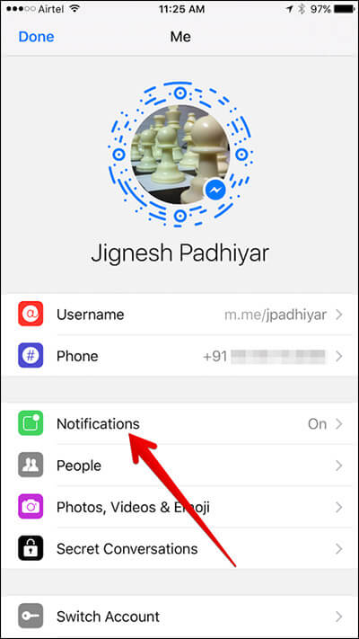 Tap on Notifications in Messenger App on iPhone