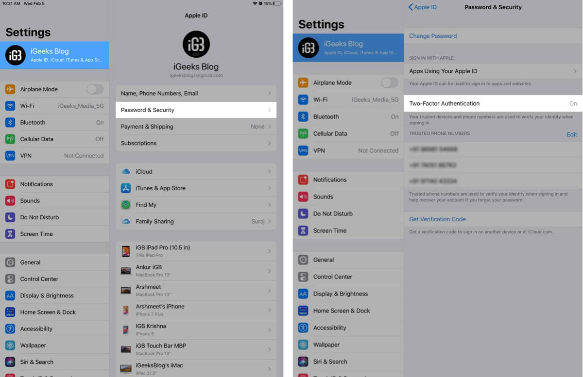 Tap on password and security to check two factor authentication on ipad Tap on Password and Security to Check Two-Factor Authentication on iPad