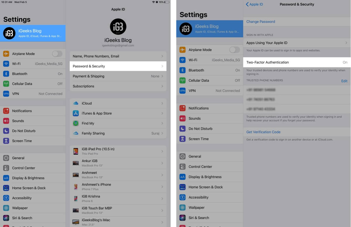 Tap on Password and Security to Check Two-Factor Authentication on iPad