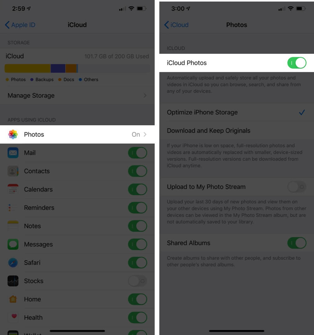 Tap on Photos and Enable iCloud Photos on iPhone