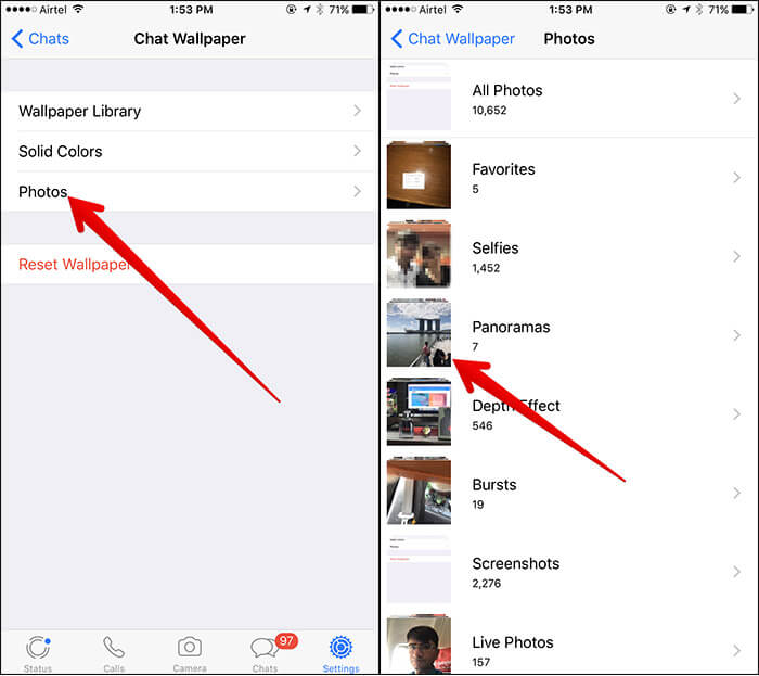 Tap on Photos and Select Album in WhatsApp on iPhone