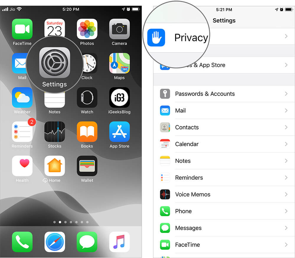 Tap on Privacy in Settings App on iPhone