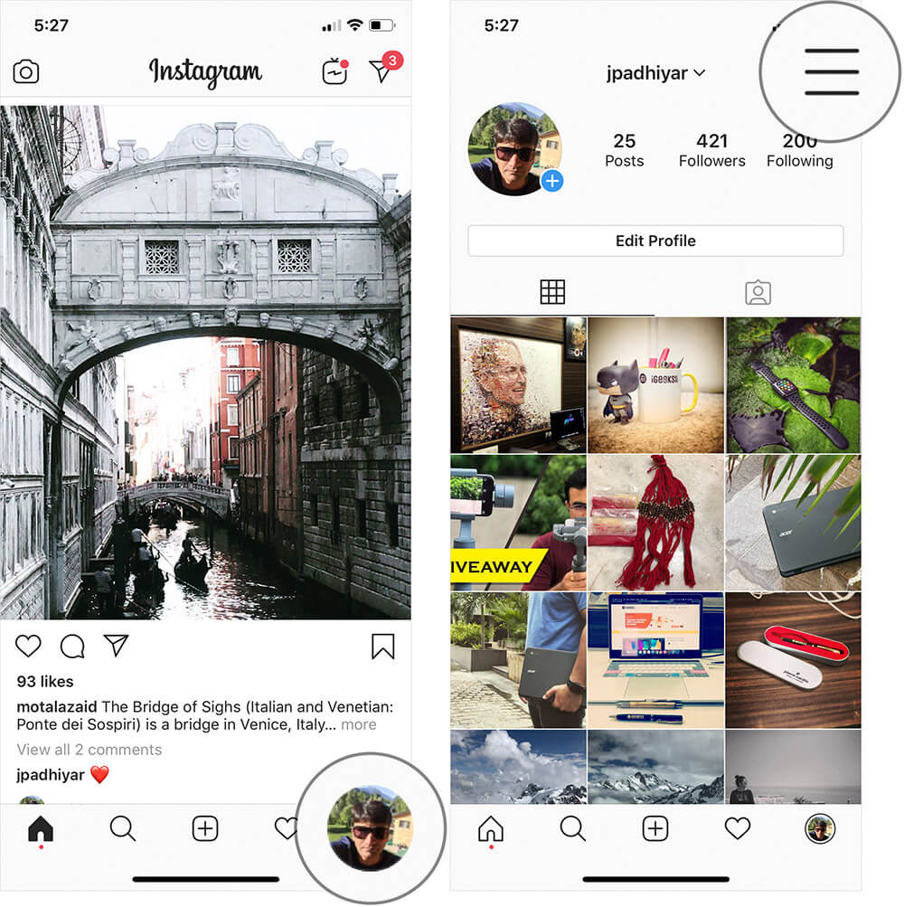Tap on Profile Icon then Hamburger Icon in Instagram on iPhone or Android
