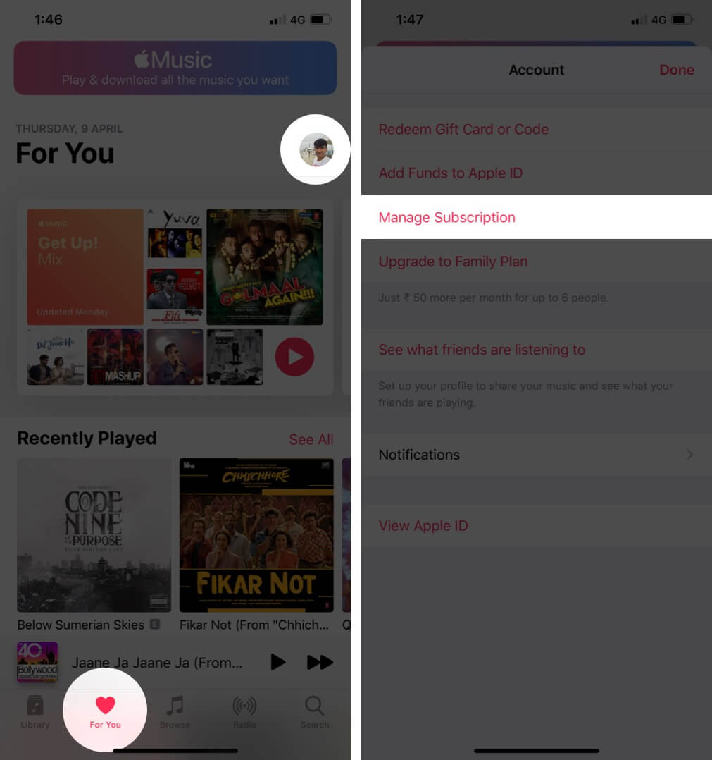 Tap on Profile and Select Manage Subscription in Music App on iPhone