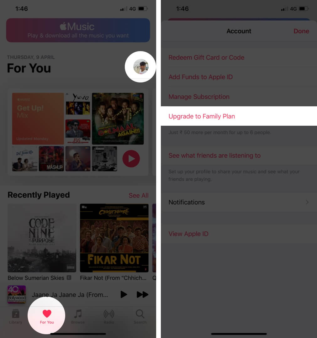 Tap on Profile and Select Upgrade to Family Plan in Apple Music App on iPhone