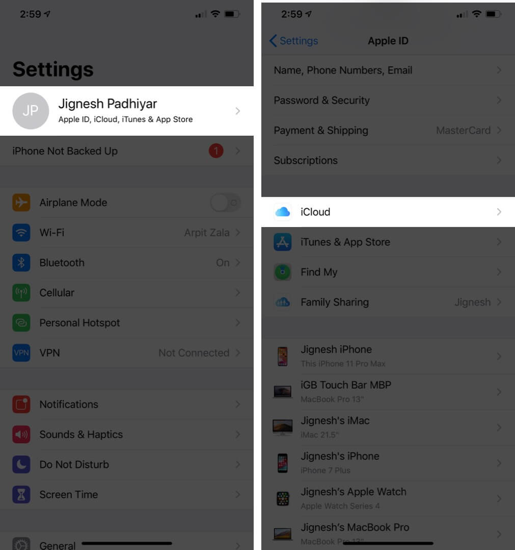 Tap on Profile and Then Tap iCloud in iPhone Settings