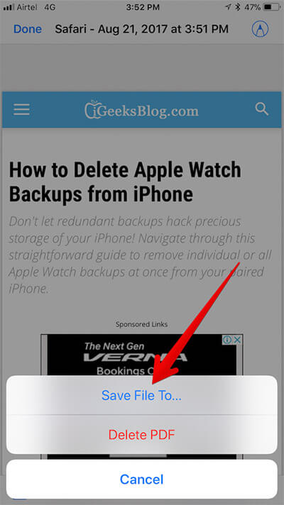 Tap on Save File to in Safari on iPhone