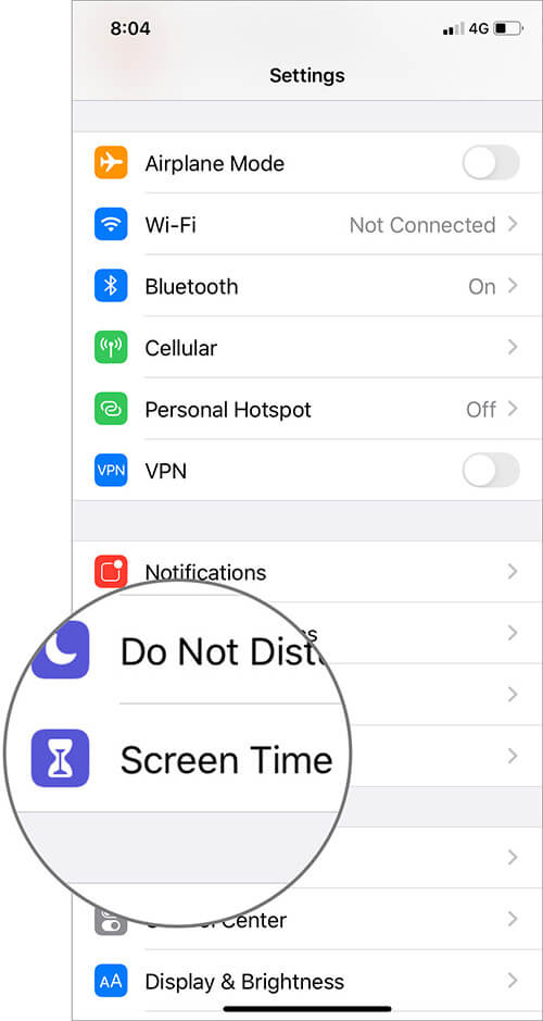 Tap on Screen Time in Settings App on iPhone