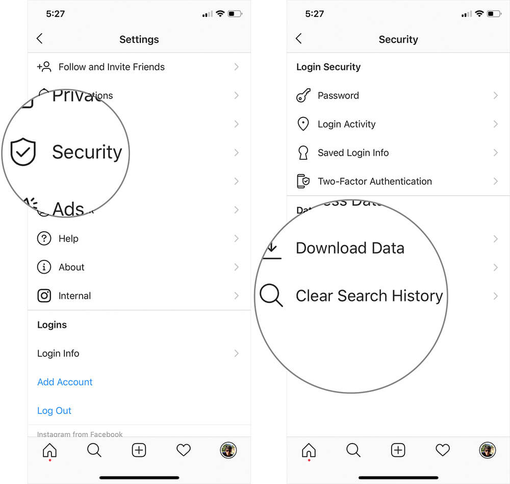 Tap on Security then Clear Search History in Instagram on iPhone or Android Phone
