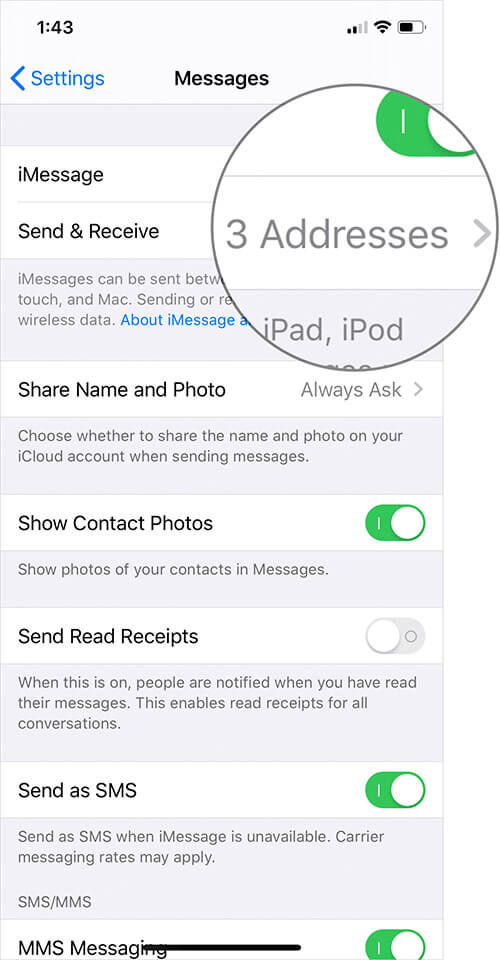 Tap on Send & Receive in iPhone Messages Settings