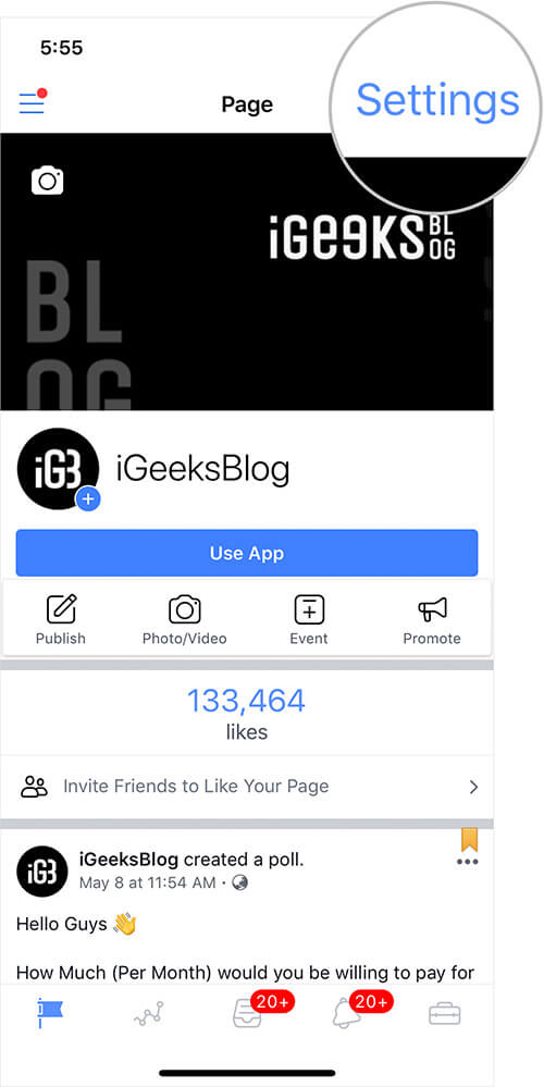 Tap on Settings in Facebook Pages App on iPhone or iPad