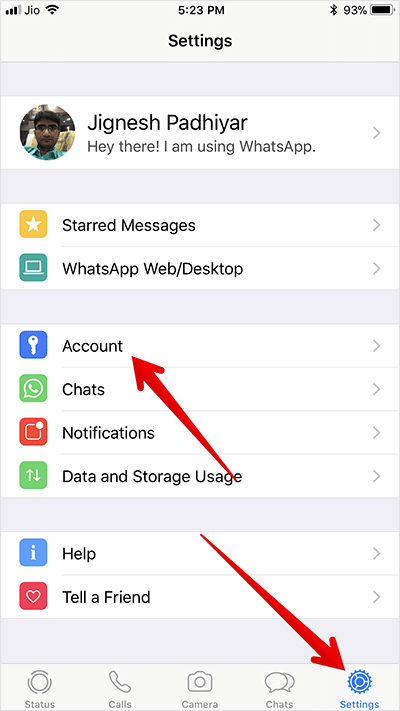 Tap on Settings then Account in WhatsApp on iPhone