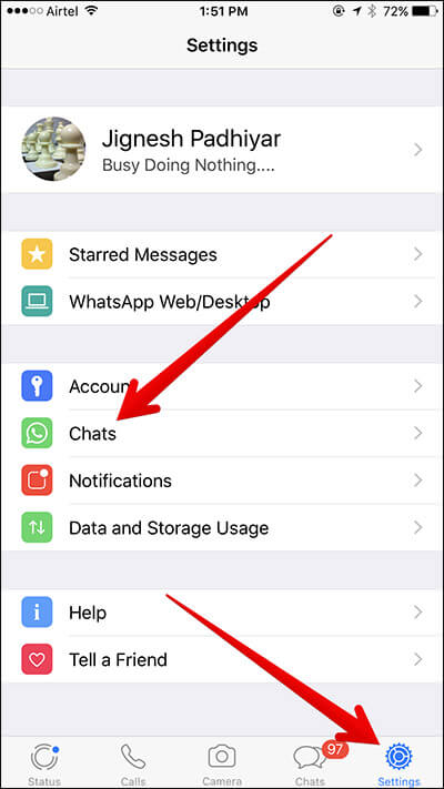 Tap on Settings then Chats in WhatsApp on iPhone