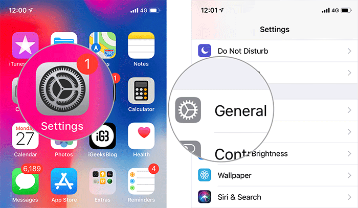 Tap on Settings then General on iPhone or iPad in iOS 12