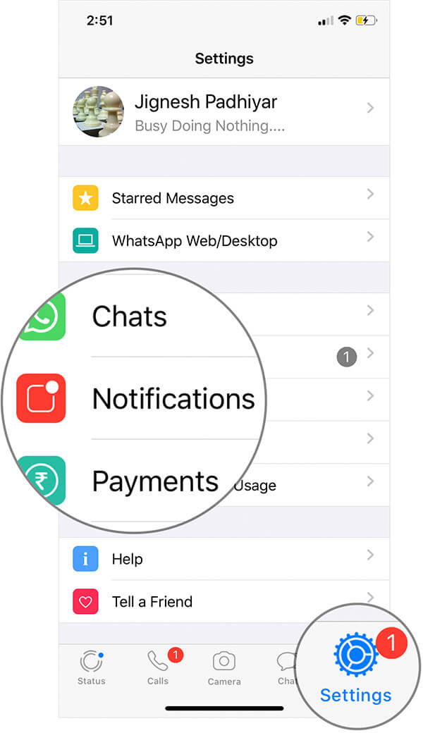 Tap on Settings then Notifications in WhatsApp on iPhone