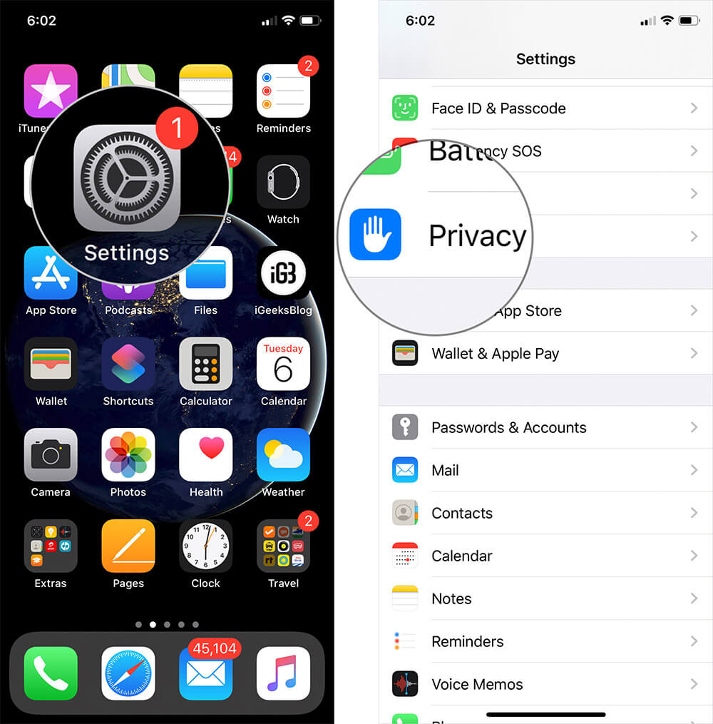 Tap on Settings then Privacy on iPhone or iPad