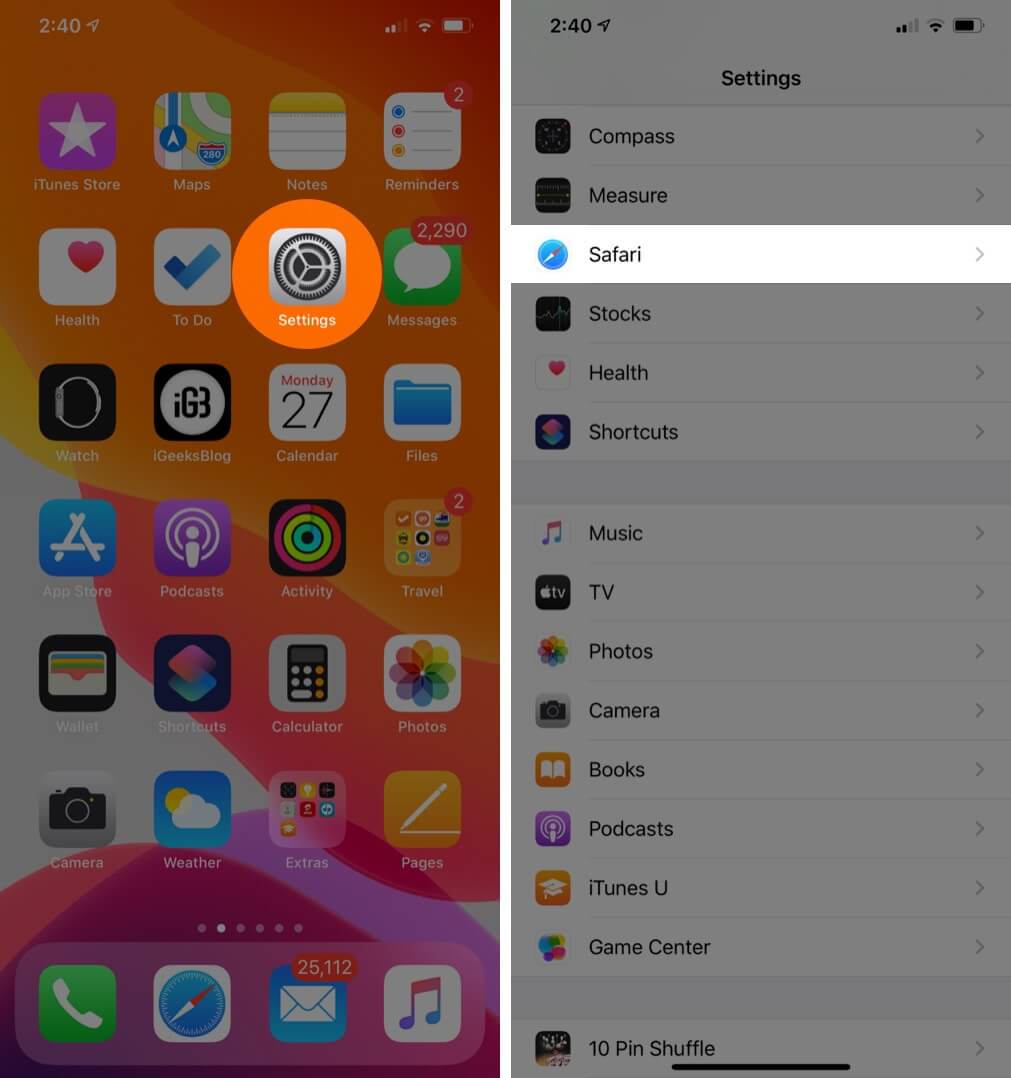 Tap on Settings then Safari on iPhone or iPad