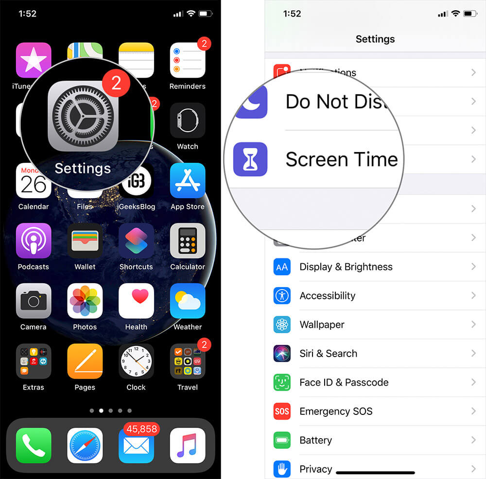 Tap on Settings then Screen Time on iPhone or iPad