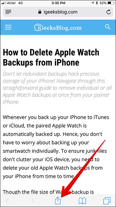 Tap on Share Icon in Safari on iPhone