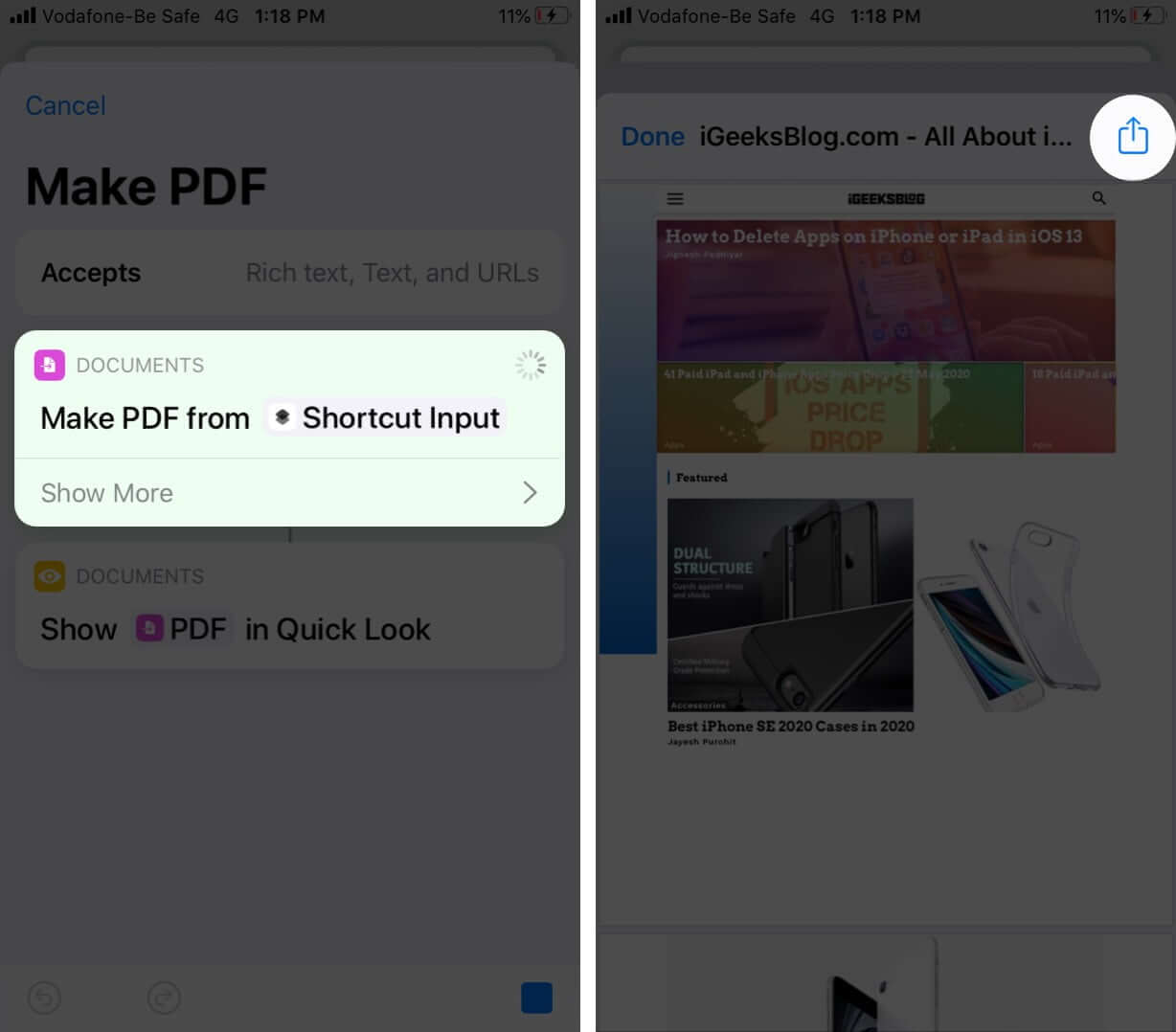 Tap on Share in Shortcuts App on iPhone