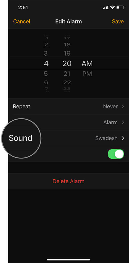 Tap on Sound in iOS Clock app