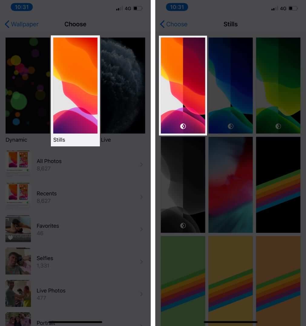 Tap on Stills and Select Wallpaper on iPhone