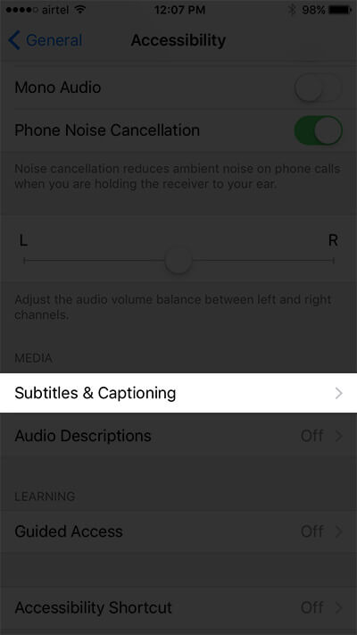 Tap on Subtitles & Captioning in Accessibility on iPhone