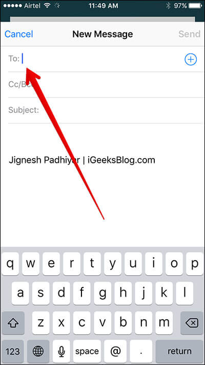 Tap on To in iPhone Mail App