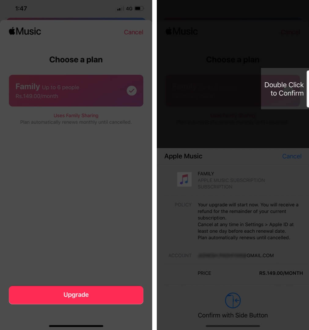 Tap on Upgrade and Switch from Individual Apple Music Plan to Family Plan