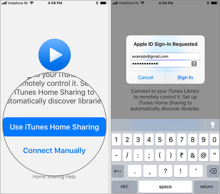 Tap on Use iTunes Home Sharing and Sign in with Apple ID on iTunes Remote App