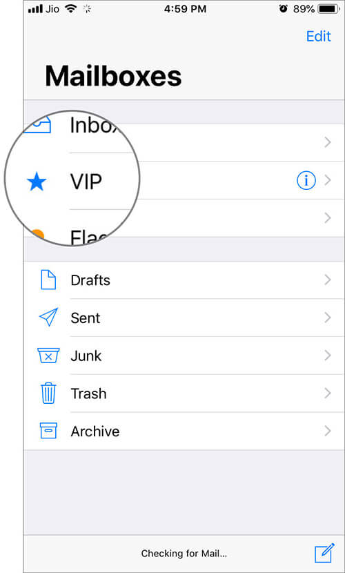 Tap on VIP in Apple Mail app